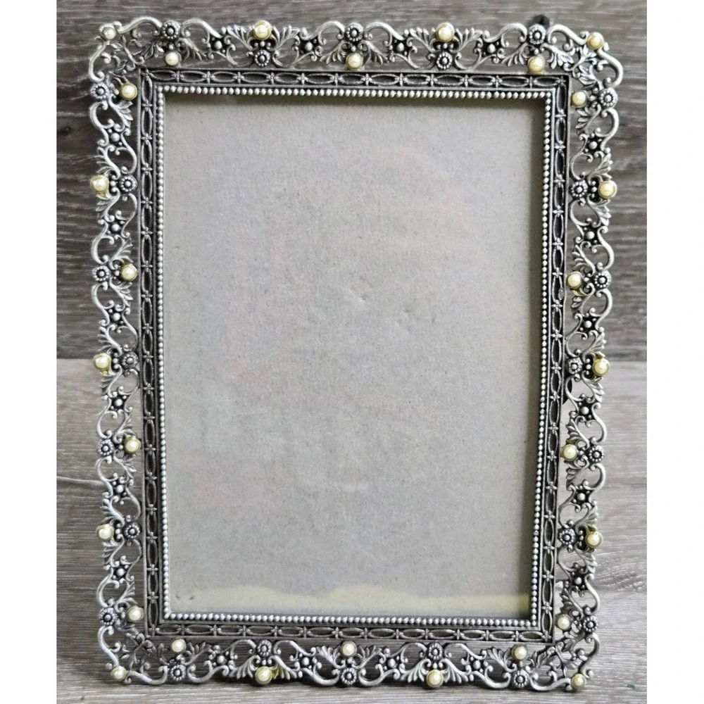 Vintage Silver Tone Ornate Filigree Picture Frame Faux Pearl Accents 8x6
